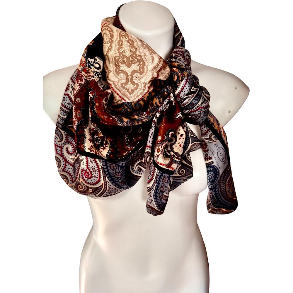 Vintage Oscar de la Renta Silk Paisley Patchwork Scarf 1980s NWT Brown Rust 34 - Picture 5 of 9